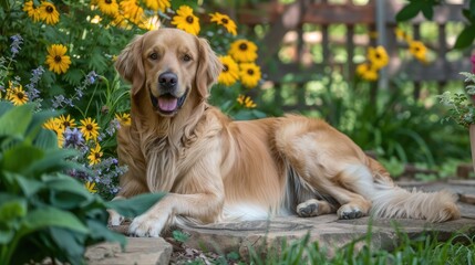 Canvas Print - A golden retriever lounging peacefully among vibrant yellow flowers in a sunny garden setting