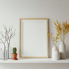 Wall Mural - A blank, wooden-framed picture frame on a shelf, flanked by decorative vases and a small cactus in a pot.