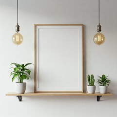 Wall Mural - A minimalist shelf displays potted plants and a blank frame, illuminated by two hanging light bulbs against a white wall.