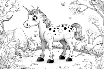 Playful unicorn coloring page for kids in a magical forest setting whimsical art style