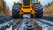 © AFFANYUDA - Yellow tractor on muddy forest road, autumnal trees background.  Possible use construction, agriculture, forestry