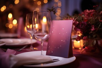 A beautifully arranged dining table is adorned with elegant glassware and fine china, set against a backdrop of soft candlelight and delicate flowers, creating a warm and inviting ambiance