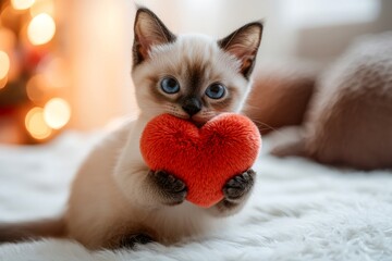 Digital ads furry friend visual idea. Cute tonkinese baby cat with fluffy red heart at cozy flat. Tonkinese - my beloved cat, symbol of care. Pet valentineâ€™s moment. Valentine's day kitten joy.