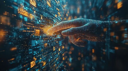 A digital hand interacts with glowing data streams