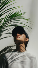 Wall Mural - woman wearing baseball cap looking up tree leaves white shirt autumn leaf falling above water reflection bokeh natural seasons mobile wallpaper vertical format background backdrop social media post