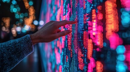 Hand Interacting With Vibrant Digital Data Stream