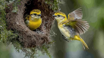 Wall Mural - Yellow birds in nest, one flying, tropical forest background