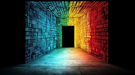 Abstract digital corridor with glowing binary code walls and a dark doorway, leading into the unknown.