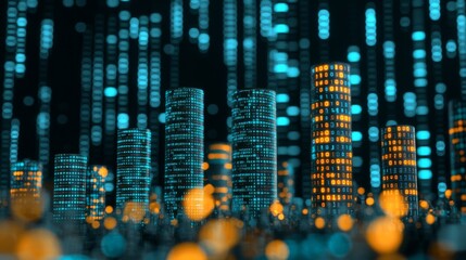 Futuristic cityscape at night with binary code buildings; digital city landscape illustration.