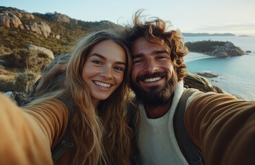 Sticker - A man with a beard and a woman with long hair are smiling at the camera