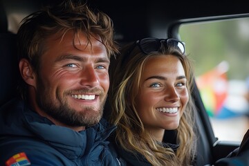 Sticker - A man and a woman are smiling and laughing while driving in a car