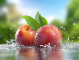 Wall Mural - Vibrant red plums splashing playfully in water bright sunlight. AI Generated