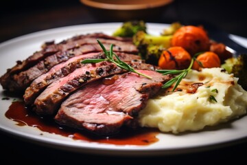 Wall Mural - Close up of sliced roasted beef with vegetables and mashed potatoes