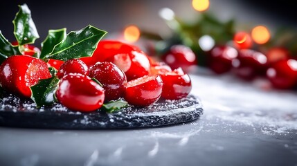 Wall Mural - Juicy cranberries gleam softly under warm holiday lights a festive arrangement. AI Generated