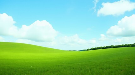 Wall Mural - Lush Green Fields Under Blue Sky with Fluffy White Clouds