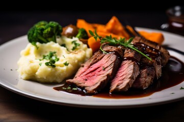 Wall Mural - Close up of sliced roasted beef with vegetables and mashed potatoes