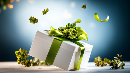 Wall Mural - White Gift Box Floats Gently Soft Green Ribbon Dreamy Lighting. AI Generated