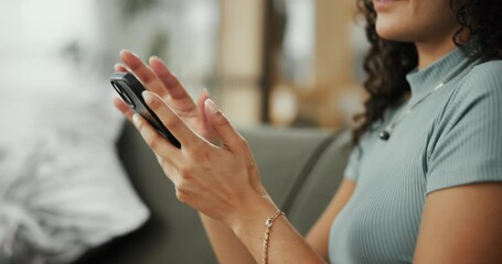 Aufkleber - Hands, online and woman with smartphone, texting and communication with contact, digital and living room. House, connection and person with mobile for chat, typing and social network in lounge