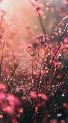 Wall Mural - Glistening morning dew on a cobweb, delicate nature detail. Vertical