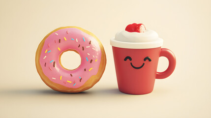 Wall Mural - A donut and coffee cup character pairing with heart accents