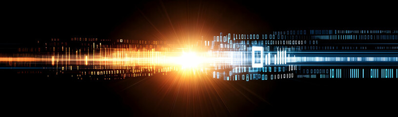 Digital data stream, bright light, tech background