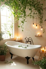 Wall Mural - Cozy bathroom with clawfoot tub, candles, plants and lightbulbs for spa website