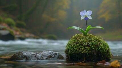 Canvas Print - Single orchid, mossy river rock, autumn forest, flowing water, nature scene