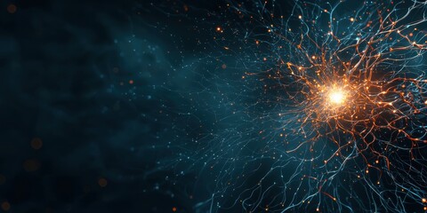 a vibrant, abstract depiction of glowing neural connections radiating from a central point, evoking 