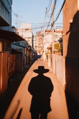 Wall Mural - Shadowed man walks down a sunny alleyway in Japan, using city background