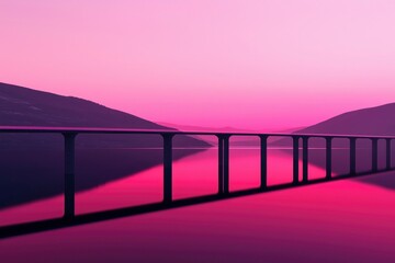 Wall Mural - Pink bridge reflecting over water at dusk. Mountains in background. Travel use