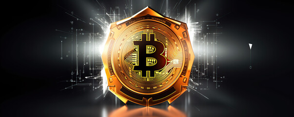 Bright Bitcoin symbol surrounded by digital elements representing cryptocurrency and blockchain technology