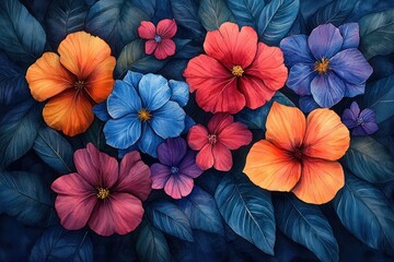 Christmas watercolor flowers and leaves illustration red and blue flora with winter berries for holiday design project