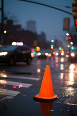 Wall Mural - Traffic Cone on Wet Street corner in City, Reflecting Lights in Evening