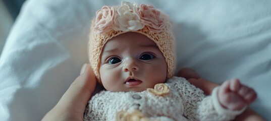 Wall Mural - Close-up of hands holding a newborn baby wrapped in a white blanket. An Asian mother is cradling her newborn, 