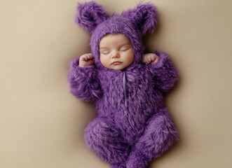 Wall Mural - Newborn baby girl wearing a purple mohair suit and hat, sleeping on a beige background, top view. Stock photo contest winner,