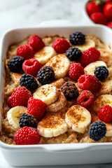 Wall Mural - Baked oatmeal with banana, raspberries, and blackberries on a marble surface