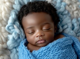 Wall Mural - Newborn baby sleeping on a white background with a blue blanket. Close-up portrait of an adorable newborn swaddled in a light lace cloth, isolated on a soft pastel backdrop. 