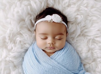 Wall Mural - Photograph of a sleeping newborn baby girl, wrapped in a light blue blanket on a white background. 