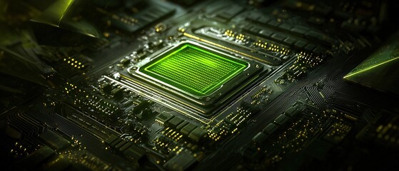 Wall Mural - futuristic circuit board with glowing green traces under soft light in a high-tech environment
