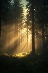 Wall Mural - Sunlight filters through trees, creating a serene scene in a dense, vibrant forest