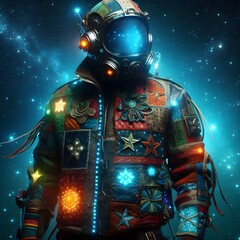 Wall Mural - a space explorer wearing a sleek, transparent helmet, with a reflective visor that mirrors the nebul
