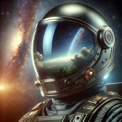 Wall Mural - a space explorer wearing a sleek, transparent helmet, with a reflective visor that mirrors the nebul