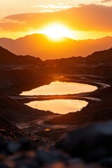 Wall Mural - Sunset reflects on water in a mining pit with mountains behind. Environment use