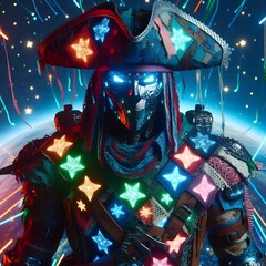 Wall Mural - a futuristic space pirate, wearing a patchwork outfit made from glowing, celestial materials that ch