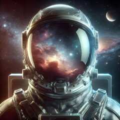 Wall Mural - a space explorer wearing a sleek, transparent helmet, with a reflective visor that mirrors the nebul
