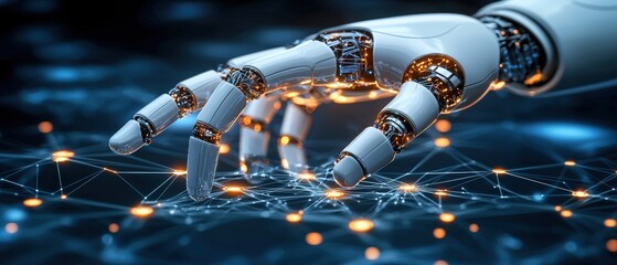 Wall Mural - robotic hand reaching out with glowing shapes floating in the air surrounded by network connections 