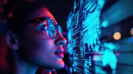 Woman analyzing global data on screen at night