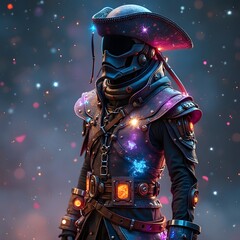 Wall Mural - a futuristic space pirate, wearing a patchwork outfit made from glowing, celestial materials that ch
