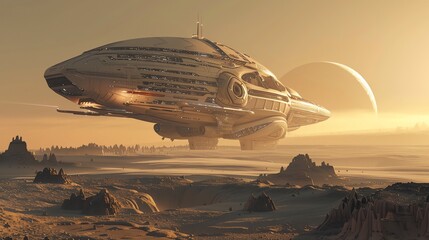 Canvas Print - a futuristic spaceship hovers over a desert landscape with a planet in the sky.