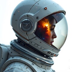Wall Mural - a space explorer wearing a sleek, transparent helmet, with a reflective visor that mirrors the nebul